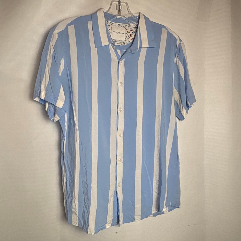 Denim & Flower Ricky Singh Blue White Striped Short‎ Sleeve Button Down Shirt M